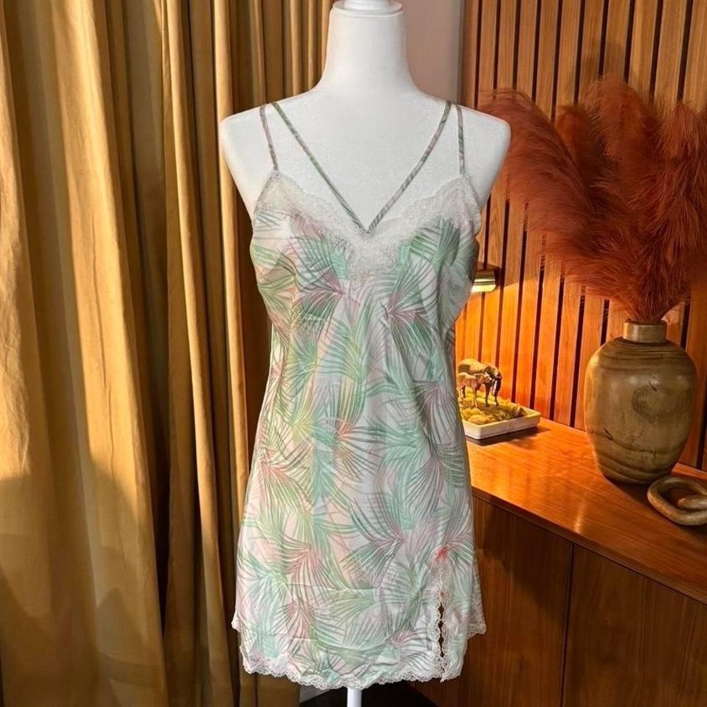 Victorias Secret Slip Dress Tropical Leaf Print Lace Trim Cami Mini Dress Sz‎ L